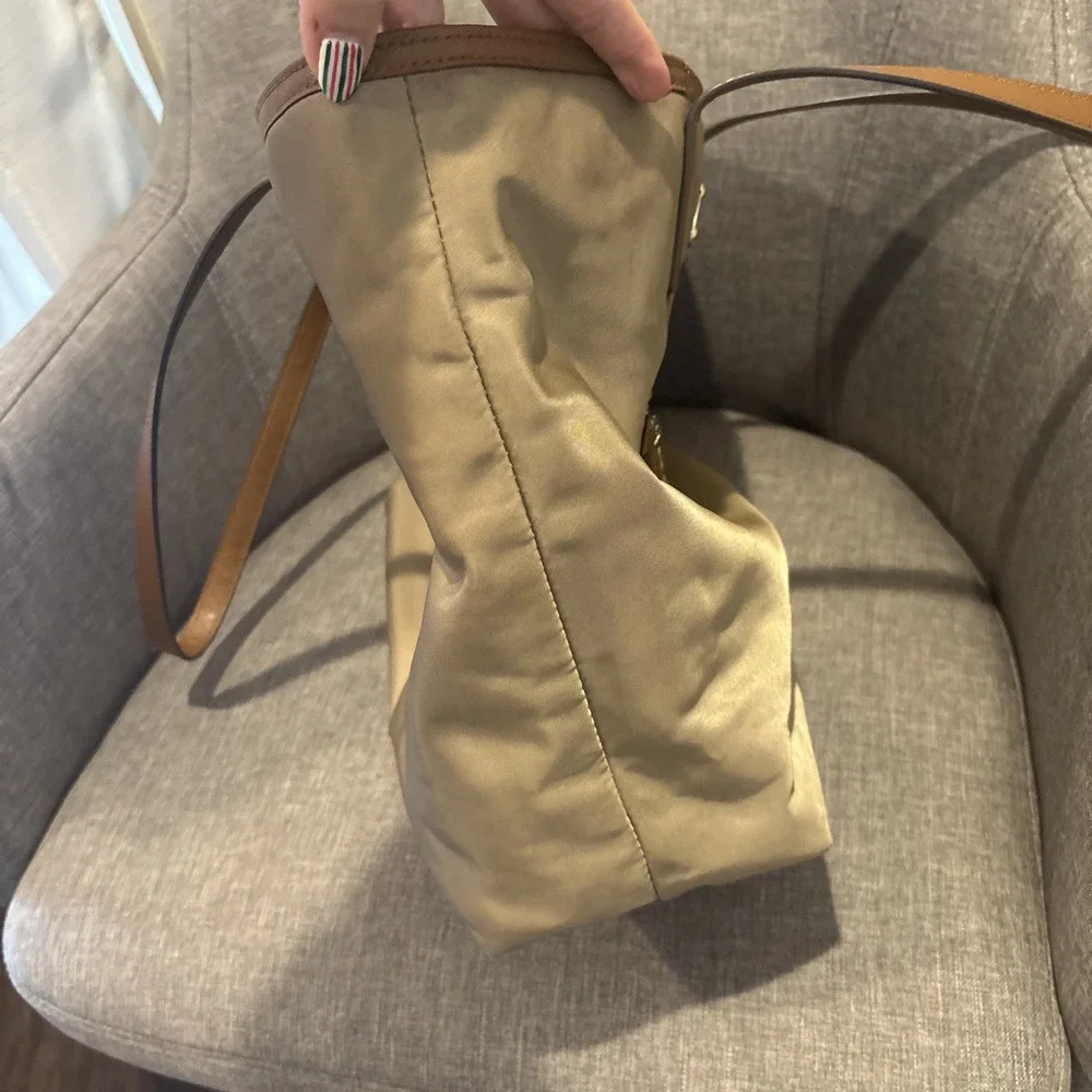 Michael Kors Montauk Nylon & Leather Shoulder Bag/Purse Khaki/Tan  gold hardware